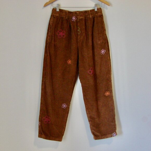 Urban Outfitters Brown Corduroy Beach Pant Floral Embroidered Ankle Crop Small - Picture 3 of 15